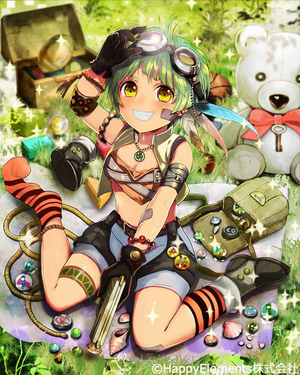 1girl, bag, black_gloves, blurry, depth_of_field, gloves, goggles, goggles_on_head