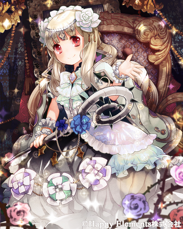 1girl, blurry, depth_of_field, flower, hair_ornament, holding, light_brown_hair, long_hair, long_skirt, looking_at_viewer, majoca_majoluna, official_art, red_eyes, rose, skirt, smile, solo, staff, syutsuri0503, tagme, wrist_cuffs