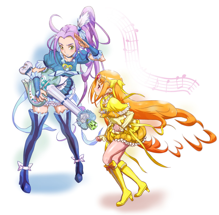 2girls, blue_legwear, blue_skirt, boots, bow, brooch, bubble_skirt, choker