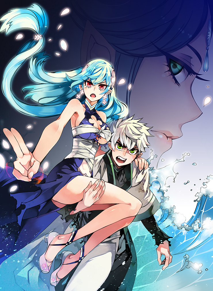1boy, 2girls, aqua_hair, bandages, carrying, cavalier_of_the_abyss, green_eyes, juder