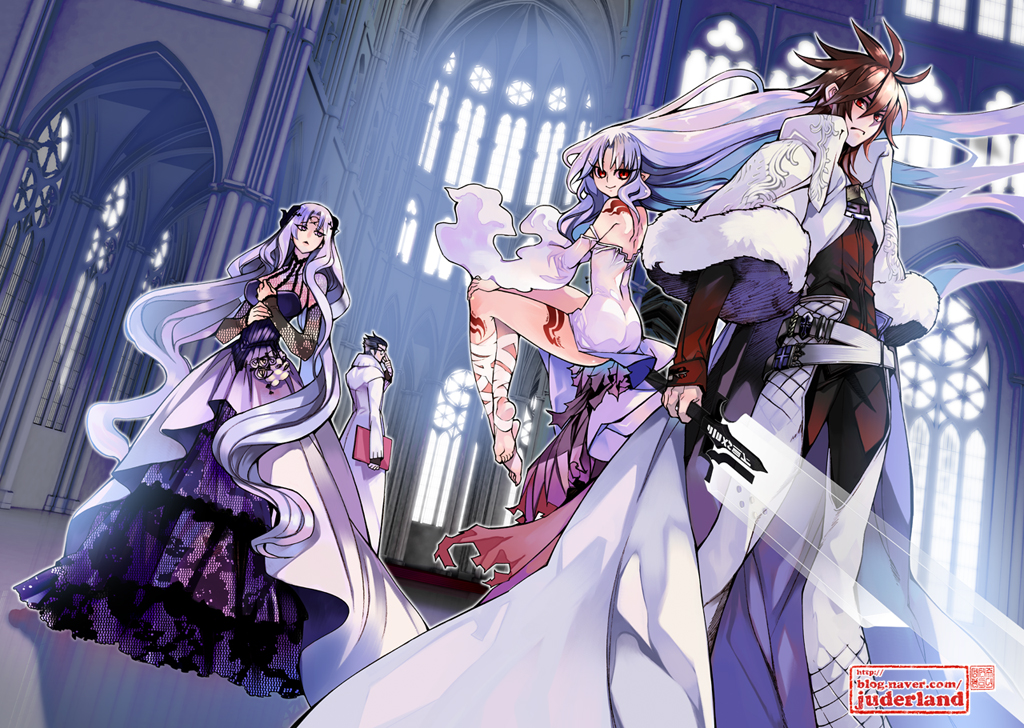 2boys, 2girls, brown_hair, cavalier_of_the_abyss, diffor_magnasethia, iffrita_noah, juder, long_hair, multiple_boys, multiple_girls, purple_hair, red_eyes, regis_nex, short_hair, sword, weapon