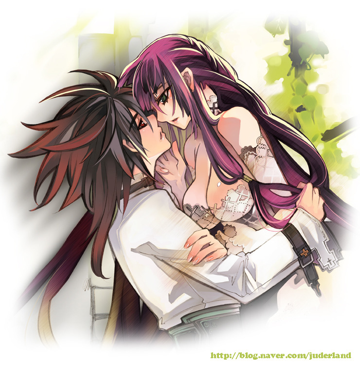 1boy, 1girl, bare_shoulders, brown_hair, cavalier_of_the_abyss, juder, long_hair, pointy_ears