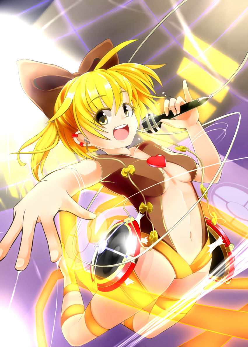 1girl, :d, adapted_costume, ahoge, alternate_costume, bobu_(bovyo222), bow, breasts