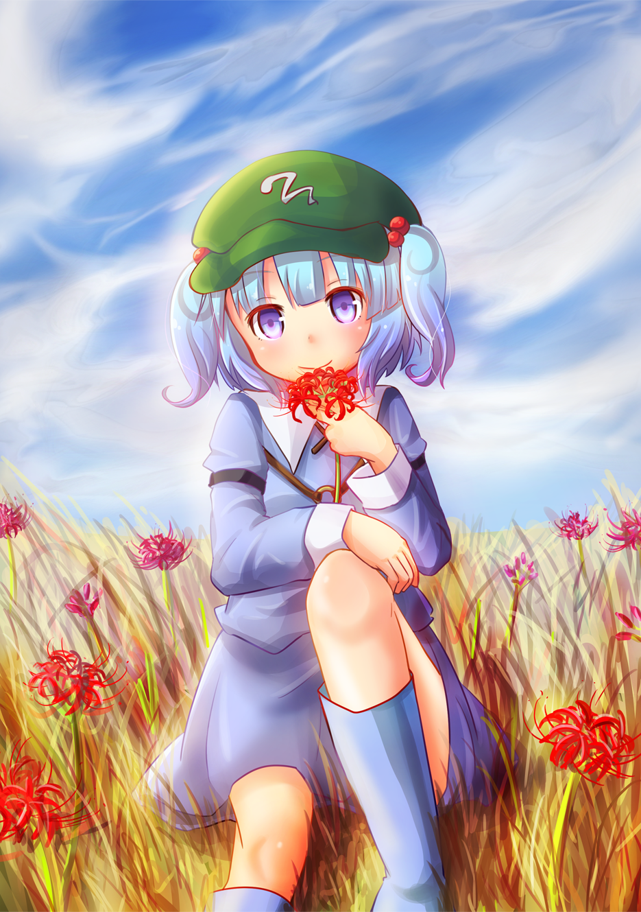 1girl, arm_belt, blue_eyes, blue_hair, blue_sky, boots, clouds, cloudy_sky