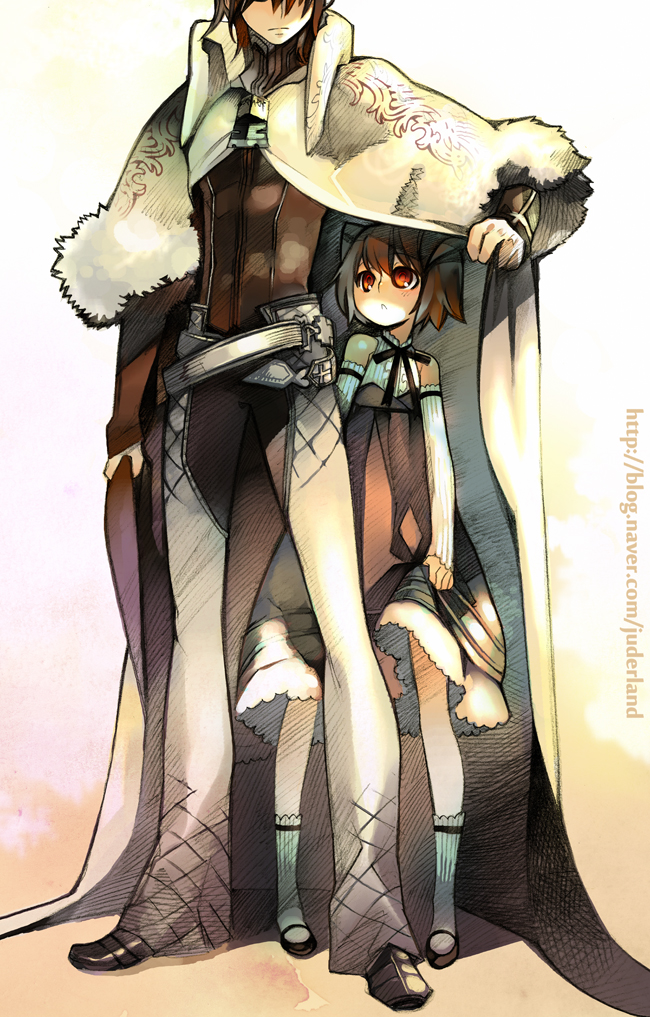 1boy, 1girl, brown_hair, cape, cavalier_of_the_abyss, father_and_daughter, juder, miya_noah, red_eyes, regis_nex