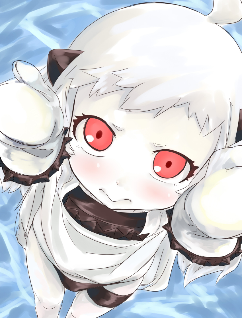 1girl, :>, absurdres, ahoge, black_panties, blush, from_above, highres, horns, kantai_collection, long_hair, looking_at_viewer, mashitono_desu, mittens, northern_ocean_hime, pale_skin, panties, reaching_out, red_eyes, shinkaisei-kan, short_eyebrows, solo, underwear, white_hair