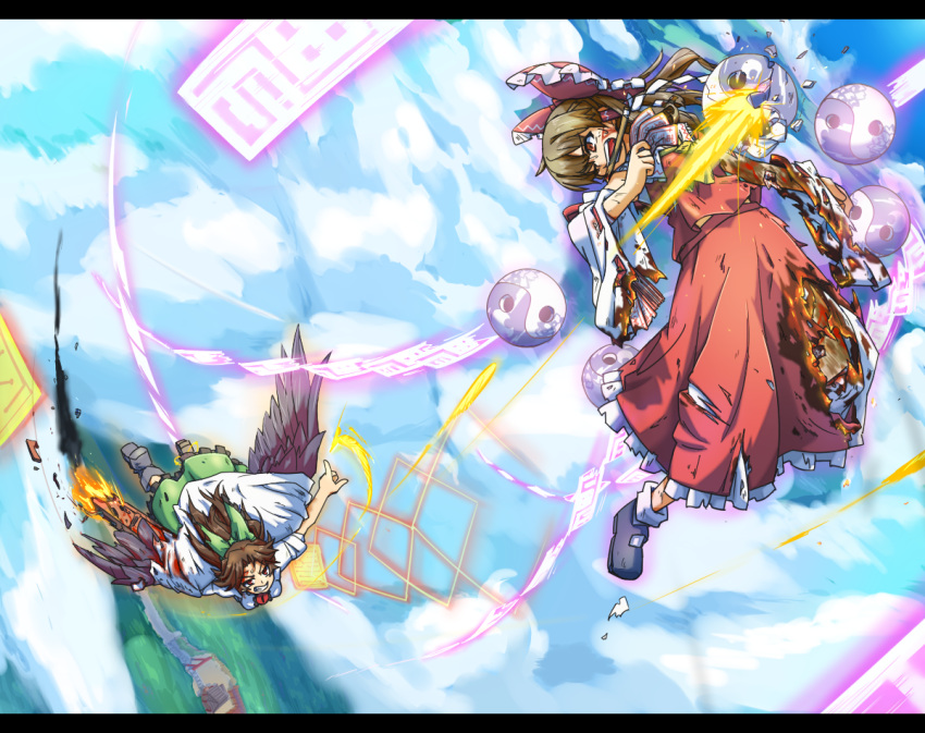 2girls, battle, blood, blood_on_face, bow, broken, broken_weapon, brown_hair