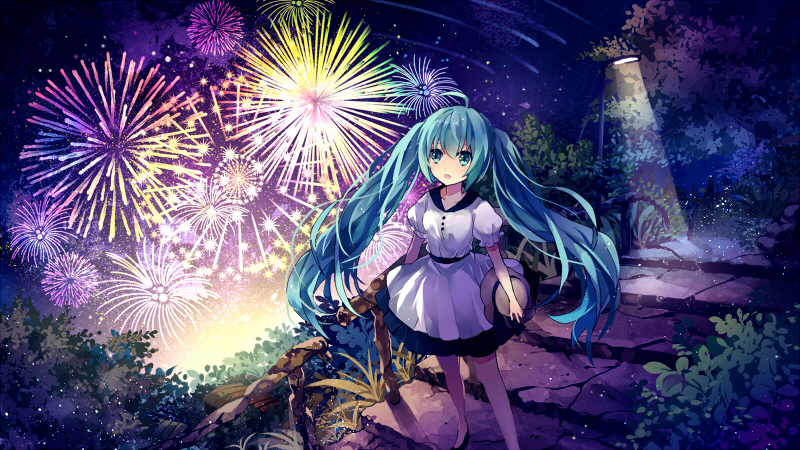 1girl, ahoge, blue_eyes, blue_hair, dress, fireworks, hat, hat_removed