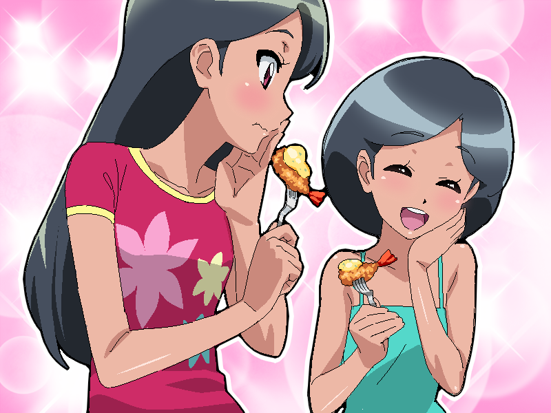 2girls, black_hair, blush, food, fork, hand_on_own_face, happinesscharge_precure!, long_hair, multiple_girls, oekaki, ohana_(happinesscharge_precure!), orina_(happinesscharge_precure!), pink_background, precure, red_eyes, shirt, short_hair, shrimp, siblings, sisters, tan, tempura, tonbi, twins