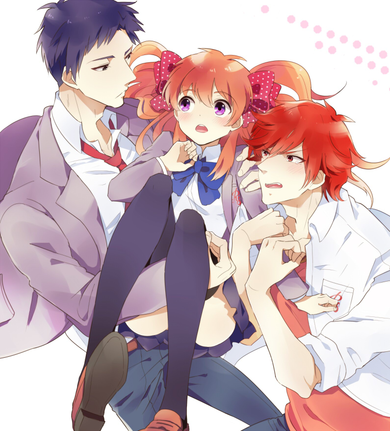 1girl, 2boys, arm_grab, black_eyes, black_hair, black_legwear, bow, carrying