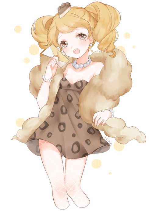 1girl, artist_name, blonde_hair, blush, bracelet, brown_dress, brown_eyes, cheesecake_cookie, cookie_run, curly_hair, dress, earrings, envelope, feather_boa, jewelry, marin_(myuy_3), mole, necklace, open_mouth, pearl_necklace, solo, twintails