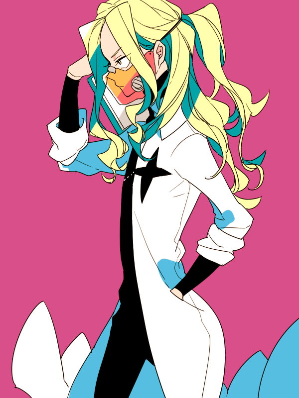1boy, alternate_hairstyle, androgynous, blonde_hair, chappa_(kaetodo), glasses, half_updo, hand_in_pocket