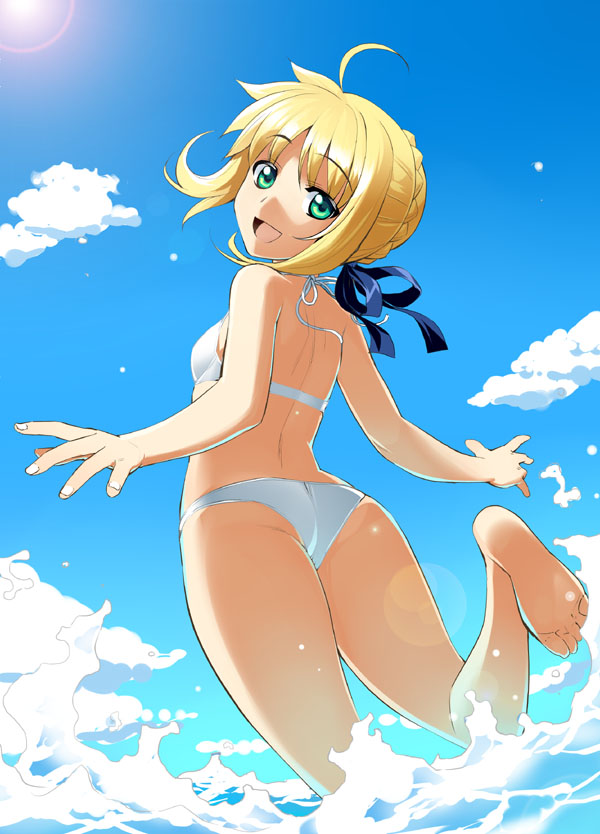 1girl, :d, ahoge, artoria_pendragon_(all), ass, backboob, bangs, bare_shoulders