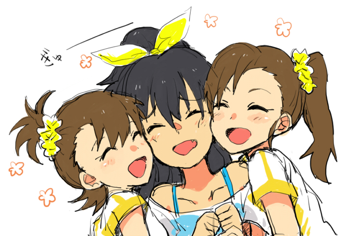black_hair, brown_hair, face-to-face, futami_ami, futami_mami, ganaha_hibiki, idolmaster, kuuko_(pannacotta)