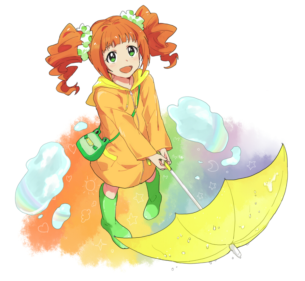 green_eyes, idolmaster, kuuko_(pannacotta), long_hair, orange_hair, raincoat, smile, takatsuki_yayoi