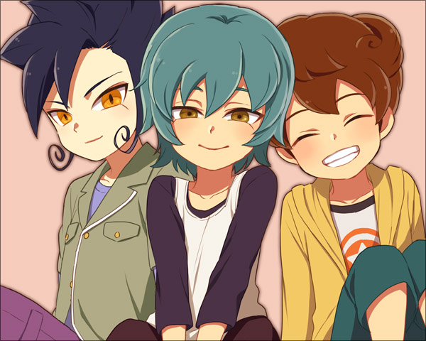 3boys, blue_hair, brown_hair, closed_eyes, grin, inazuma_eleven_(series), inazuma_eleven_go, kariya_masaki