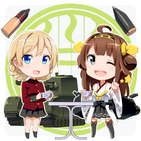 2girls, :d, ;d, ahoge, artillery, black_eyes, blonde_hair, blue_eyes