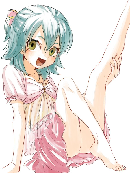 1boy, aqua_hair, barefoot, crossdressinging, hair_ornament, inazuma_eleven_(series), inazuma_eleven_go, kariya_masaki, legs, looking_at_viewer, male, open_mouth, overexposure, riho, see-through, sitting, skirt, solo