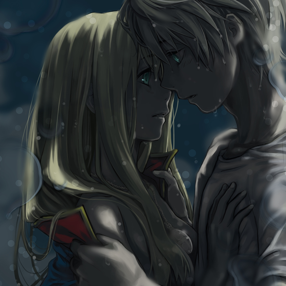 1boy, 1girl, aldnoah.zero, asseylum_vers_allusia, blonde_hair, couple, eye_contact, green_eyes