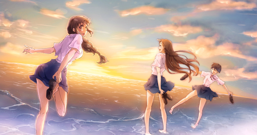 3girls, blue_skirt, blush, brown_eyes, brown_hair, clouds, conone, happy
