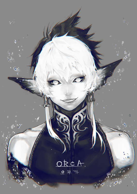 1boy, bare_shoulders, black_sclera, hujimogeo, monochrome, multicolored_hair, open_mouth, original