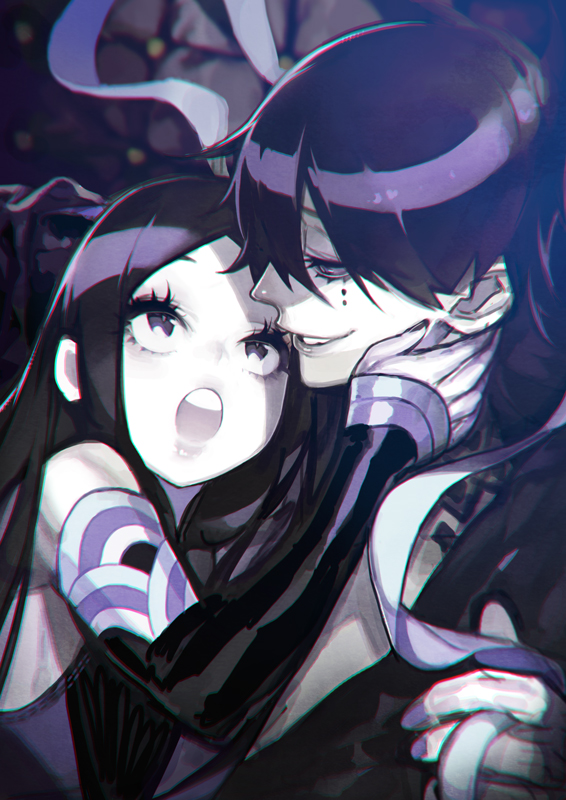 1boy, 1girl, hug, hujimogeo, long_hair, open_mouth, original, purple_hair