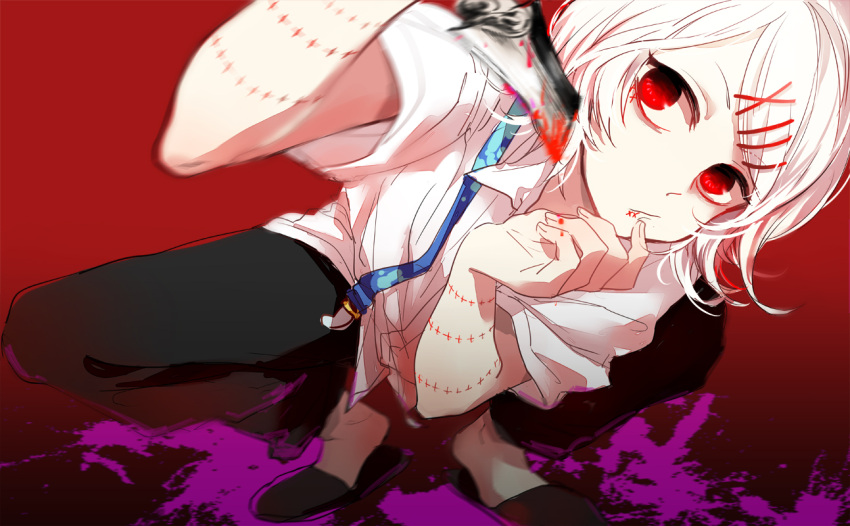 1boy, hair_ornament, hairclip, knife, red_eyes, short_hair, stitches, suzuya_juzo