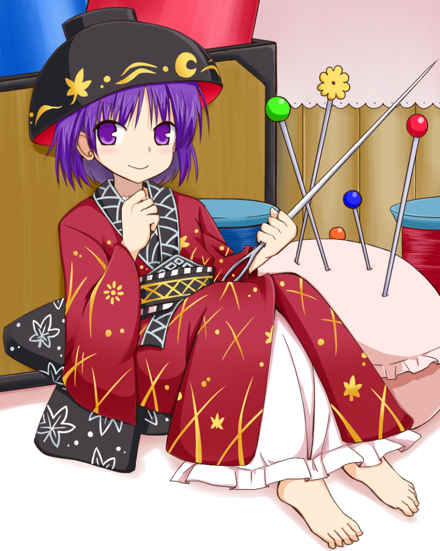 1girl, barefoot, bowl_hat, fenikkusu_takahashi, japanese_clothes, kimono, minigirl, needle, obi, purple_hair, sash, short_hair, sukuna_shinmyoumaru, touhou, violet_eyes