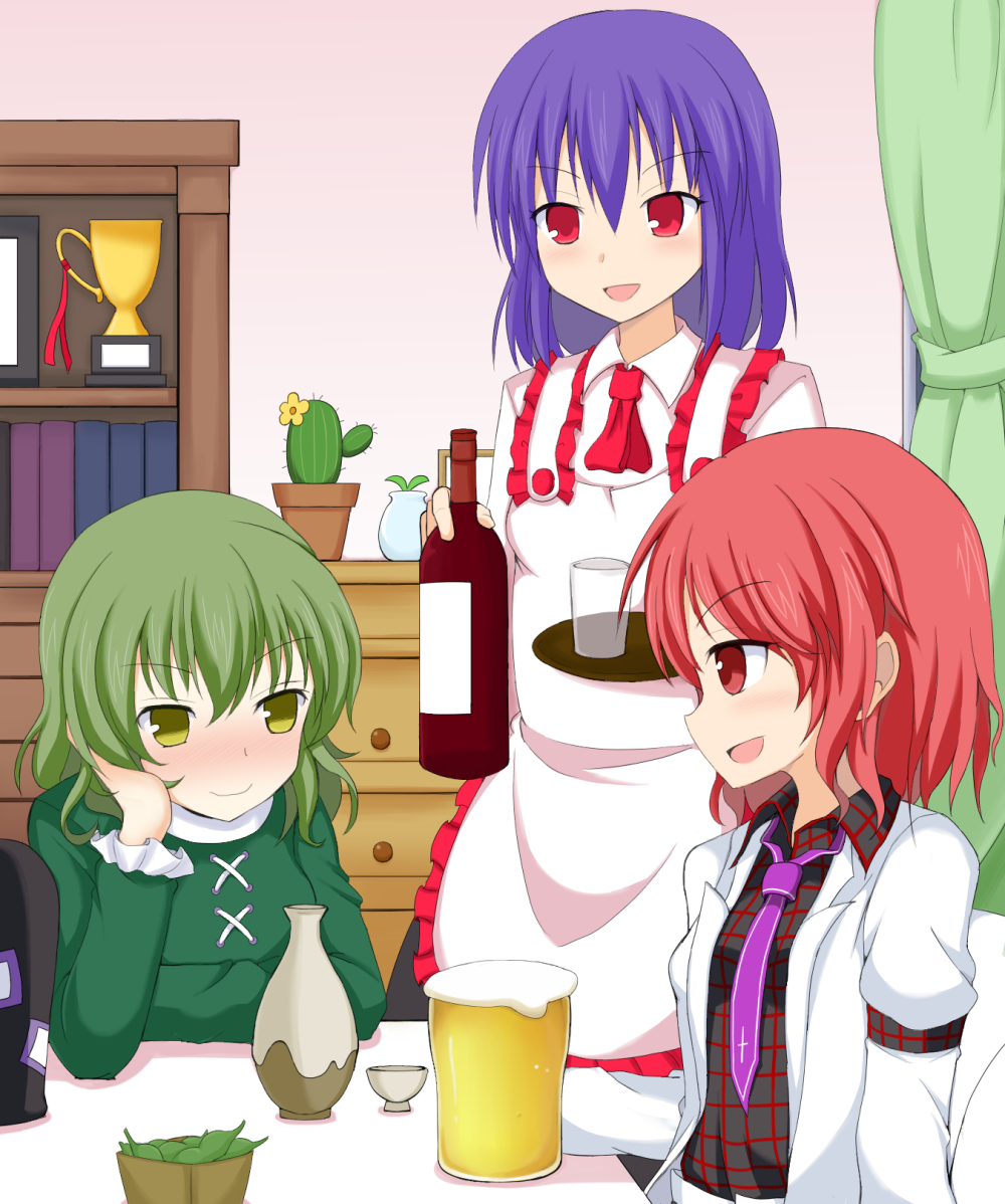 :d, alcohol, arm_support, beer, blue_hair, blush, cactus, curtains
