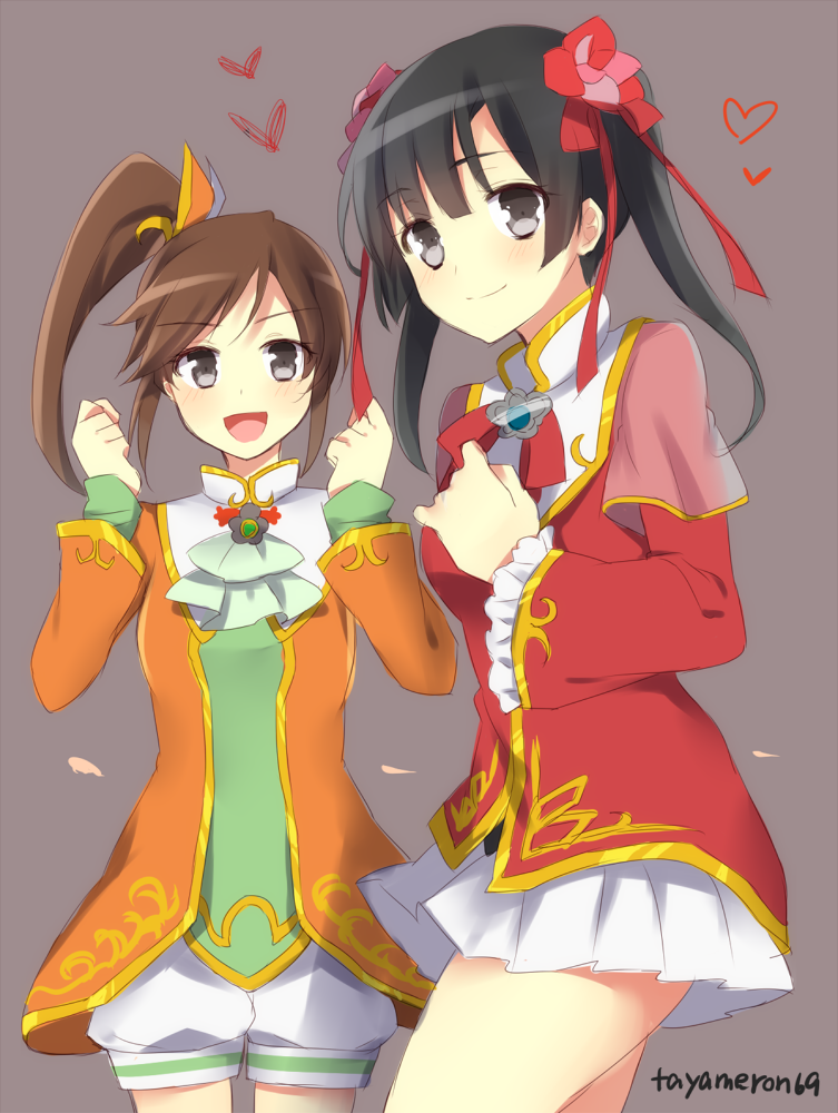2girls, :d, black_eyes, black_hair, brown_hair, hair_ornament, hair_ribbon, multiple_girls