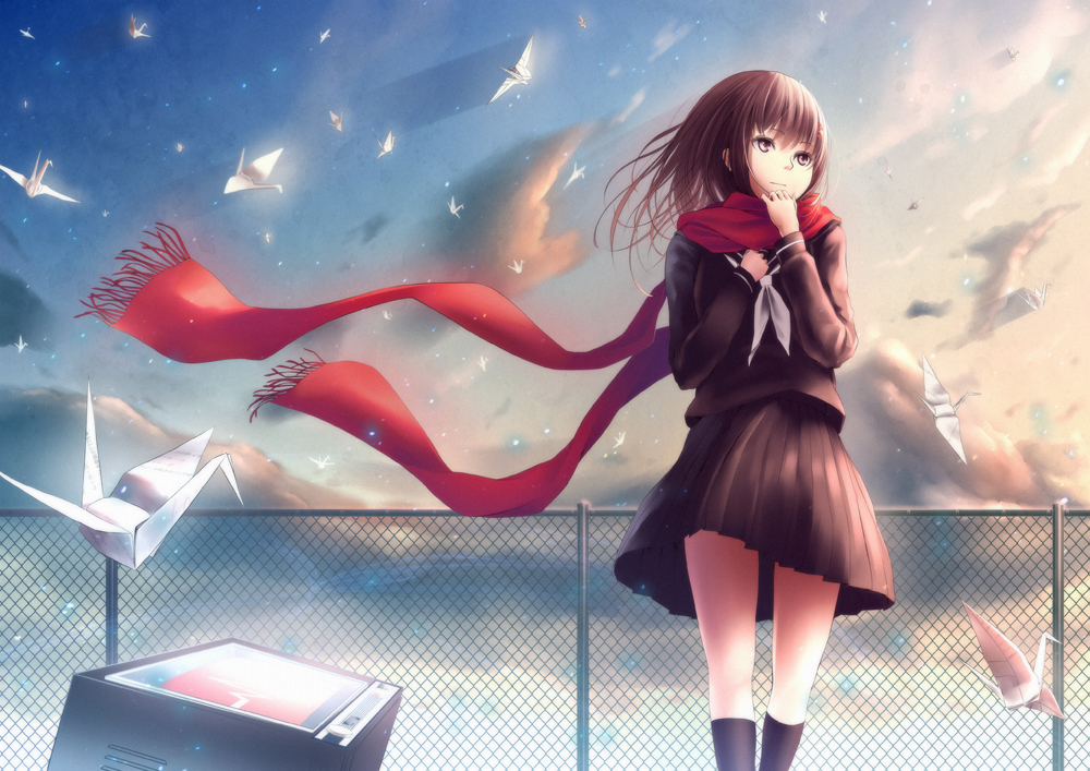 1girl, brown_eyes, brown_hair, clouds, fence, kagerou_project, oki_(koi0koi), origami