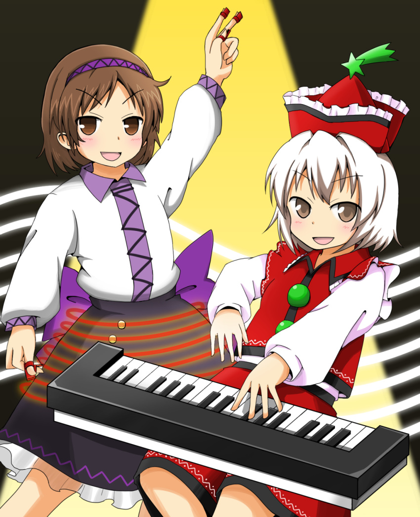 2girls, :d, brown_hair, fenikkusu_takahashi, frilled_hat, frilled_skirt, frills, hairband