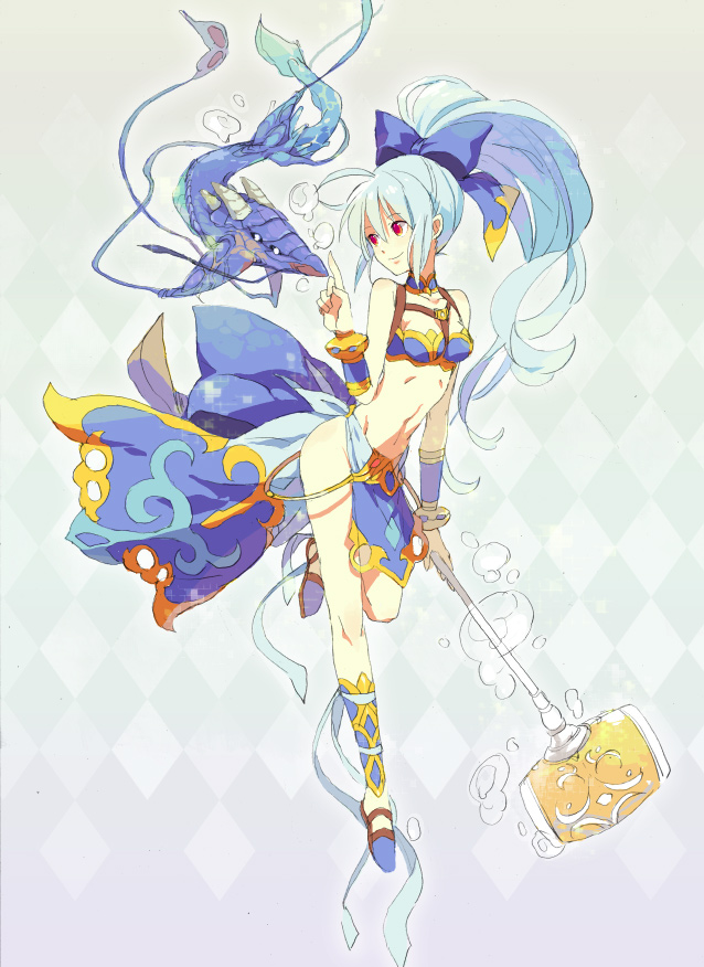 albino, ankle_cuffs, belt, bikini, blue_hair, blue_ribbon, blue_sea_dragon, bow
