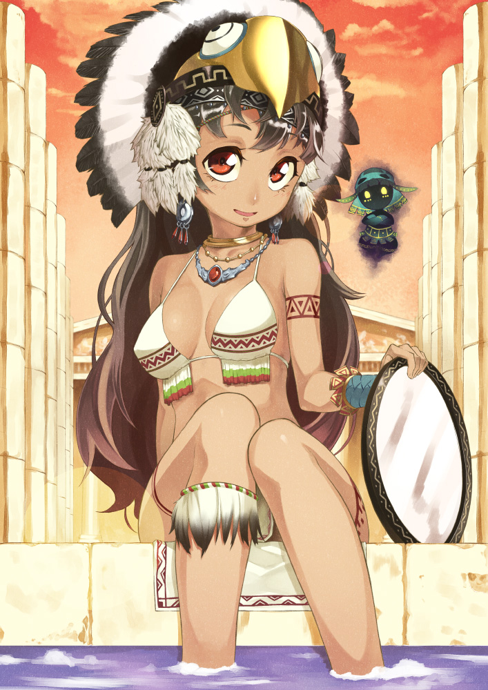 1girl, animal_hat, bikini_top, brown_hair, choker, dark_skin, feet_in_water, hat