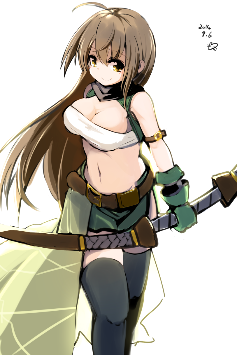 1girl, belt, black_legwear, bow_(weapon), breasts, brown_hair, cleavage, gloves