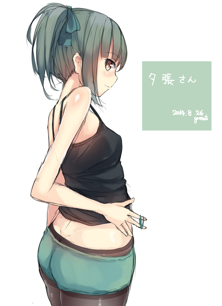 1girl, blush, bow, brown_eyes, garnet, grey_hair, hair_bow, kantai_collection, midriff, navel, pantyhose, ponytail, rubberband, school_uniform, short_hair, shorts, sketch, solo, tank_top, yuubari_(kantai_collection)