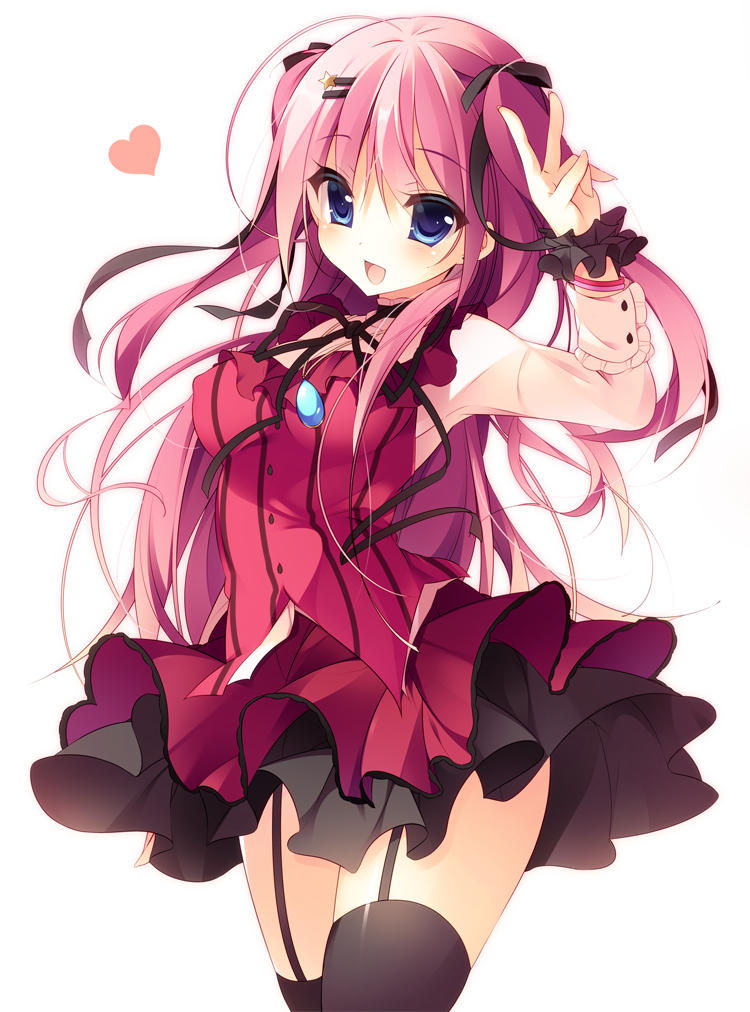 1girl, :d, ahoge, black_legwear, blue_eyes, blush, bow, cowboy_shot, dress, garter_straps, hair_ornament, hairclip, heart, himukai_kanata, jewelry, kami_no_ue_no_mahou_tsukai, kisaragi_kiriha, long_hair, looking_at_viewer, necklace, open_mouth, peace_symbol, petticoat, pink_hair, red_dress, ribbon, skirt, smile, solo, thigh-highs, v, white_background