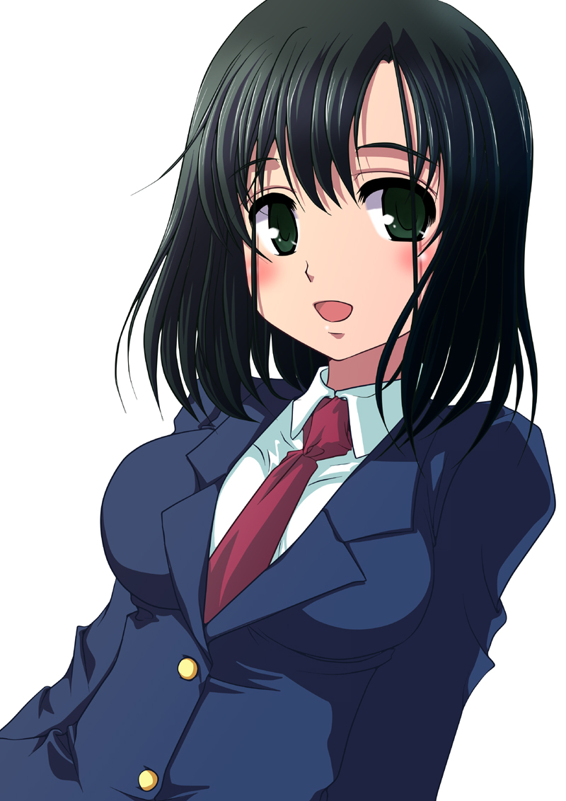 blush, green_eyes, necktie, ranshin, saki, school_uniform, smile, touyoko_momoko