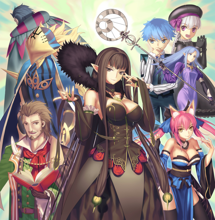 4boys, 4girls, alice_(fate/extra), animal_ears, assassin_of_red, bare_shoulders, black_eyes, black_gloves, black_hair, black_legwear, blue_eyes, blue_hair, book, braid, breasts, bridal_gauntlets, brown_eyes, brown_hair, caster, caster_(fate/extra), caster_(fate/extra_ccc), caster_(fate/zero), caster_of_black, caster_of_red, covering_mouth, detached_sleeves, dress, fate/apocrypha, fate/extra, fate/extra_ccc, fate/stay_night, fate/zero, fate_(series), fur_trim, gloves, hand_over_own_mouth, hat, highres, looking_at_viewer, multiple_boys, multiple_girls, open_mouth, pink_hair, pointy_ears, short_hair, silver_hair, staff, thigh-highs, tsukikanade, twin_braids, twintails, yellow_eyes