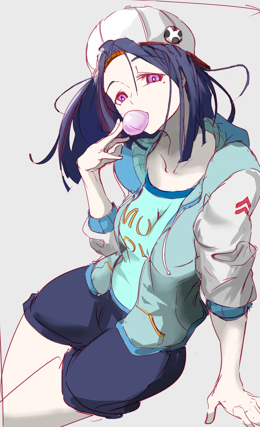 1girl, alternate_costume, arm_support, blue_shirt, bubblegum, contemporary, denim, denim_shorts