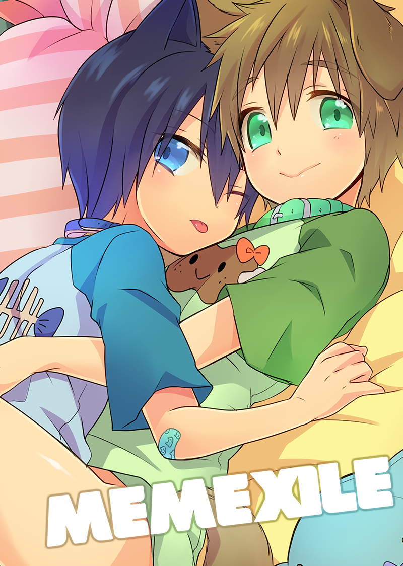 2boys, :>, :p, animal_ears, ass, bottomless, brown_hair, cat_ears