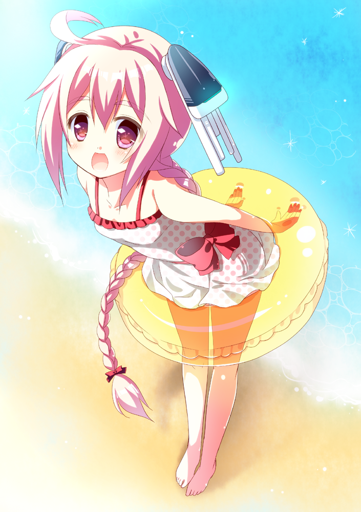1girl, :d, ahoge, beach, bow, braid, hana_(apple_water), headgear