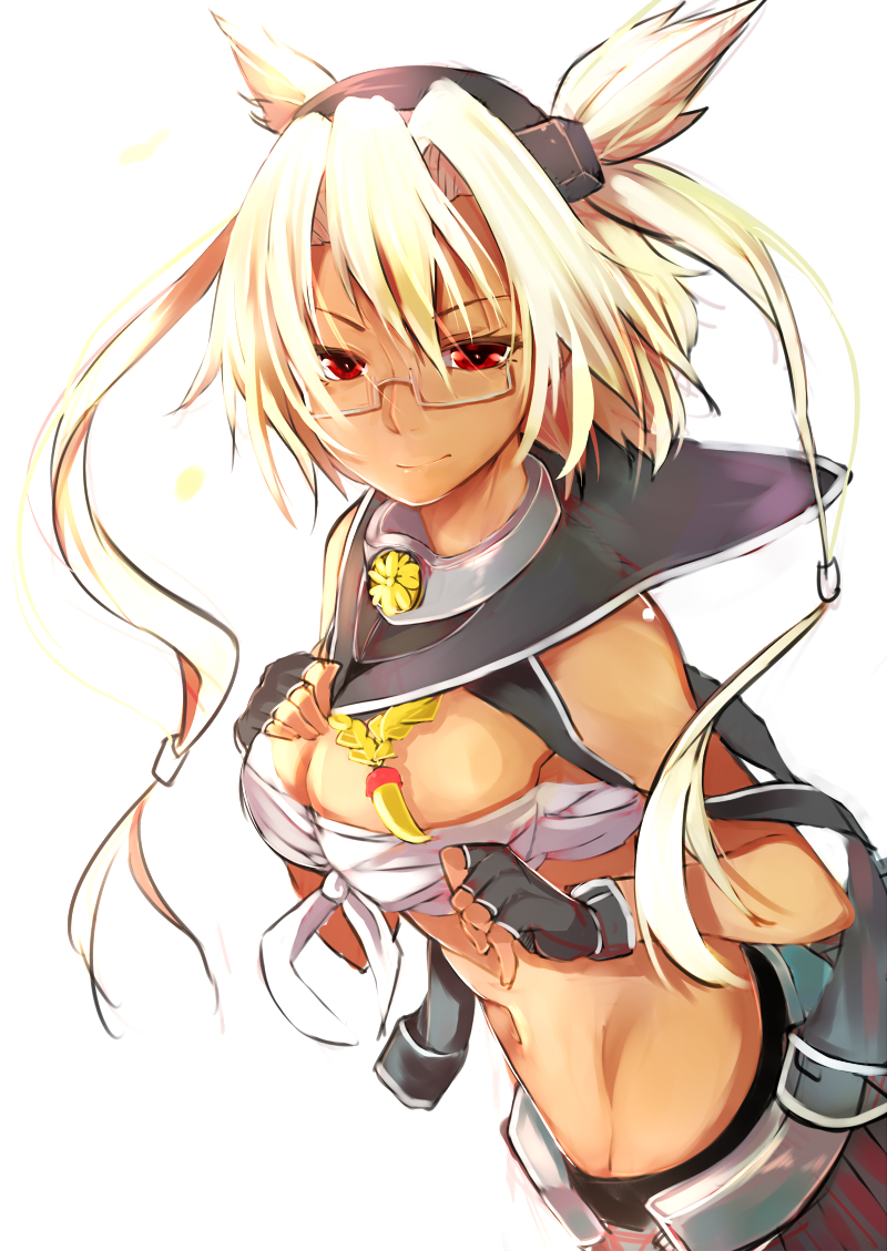 1girl, blonde_hair, breasts, budget_sarashi, cleavage, dark_skin, fingerless_gloves, glasses