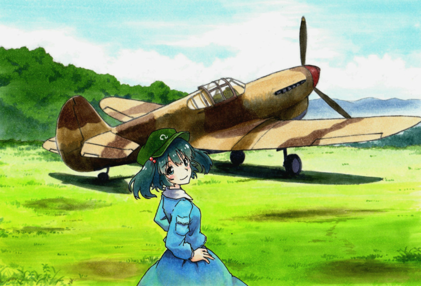 1girl, aircraft, airplane, aqua_eyes, aqua_hair, blue_eyes, bush, clouds, cloudy_sky, field, from_behind, grass, hair_bobbles, hair_ornament, hands_on_hips, hat, il-2, kawashiro_nitori, long_sleeves, looking_back, open_mouth, propeller, shiratama_(hockey), shirt, skirt, sky, smile, solo, touhou, traditional_media, twintails