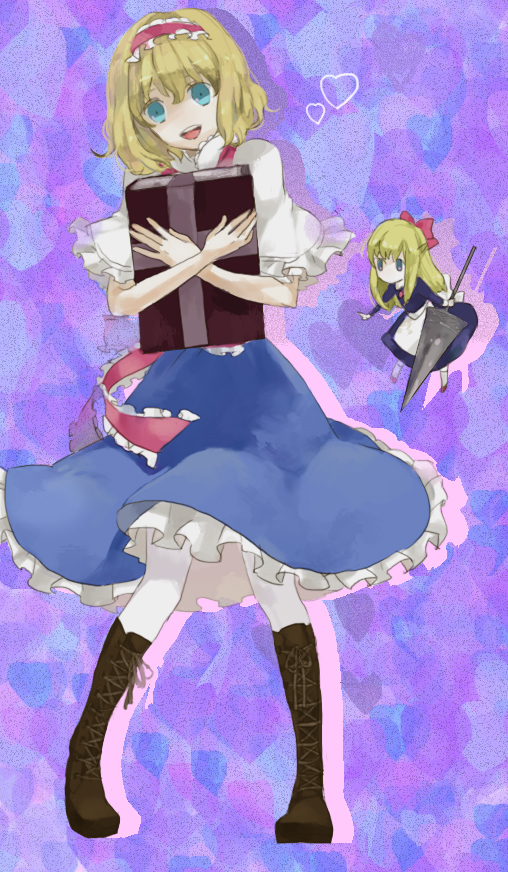 bad_id, blonde_hair, blue_eyes, book, boots, hairband, headband, heart