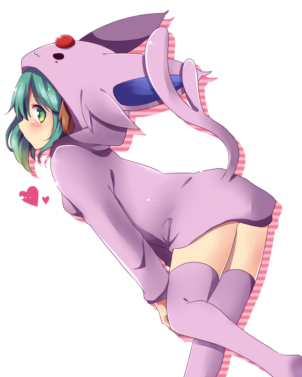 1girl, animal_ears, blush, espeon, espeon_(cosplay), green_eyes, green_hair, hat