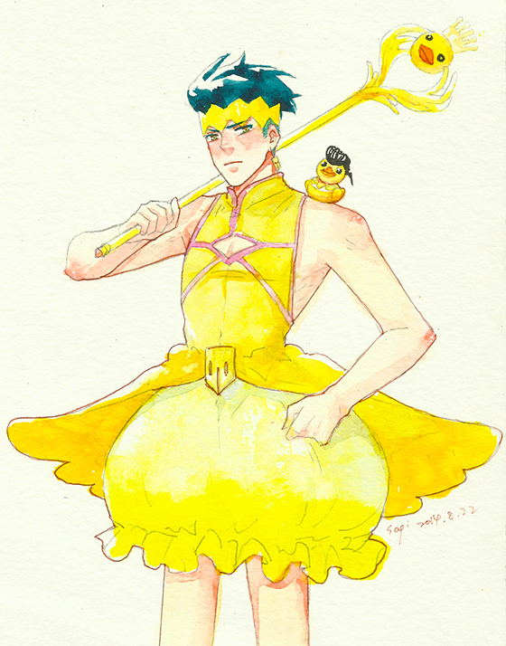 1boy, bare_shoulders, bird, blue_hair, bubble_skirt, crossdressinging, duck, earrings
