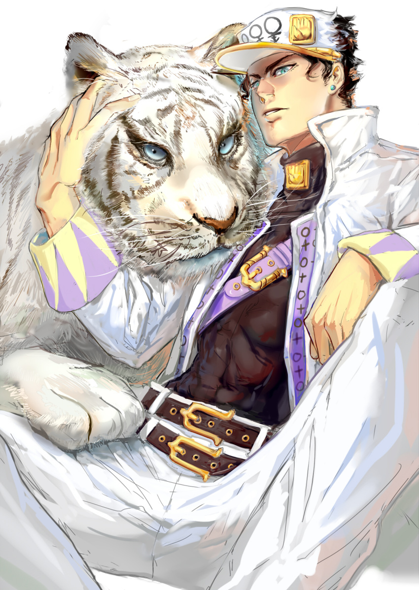 1boy, black_hair, blue_eyes, hat, heicrosshong, highres, jojo_no_kimyou_na_bouken, kuujou_joutarou