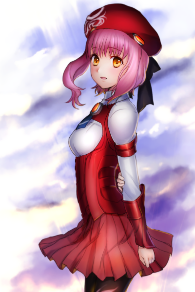 1girl, beret, hat, looking_at_viewer, m.o.m.o., miniskirt, necktie, nemuri_miyako