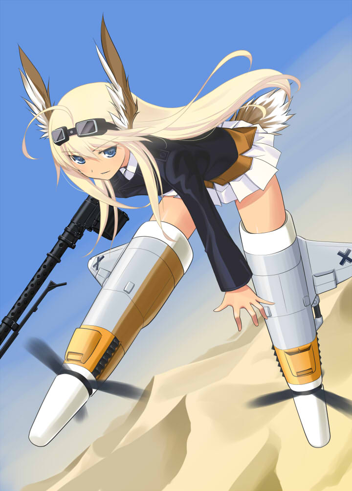 1girl, ahoge, bird_tail, blonde_hair, blue_eyes, blue_sky, collared_shirt, desert